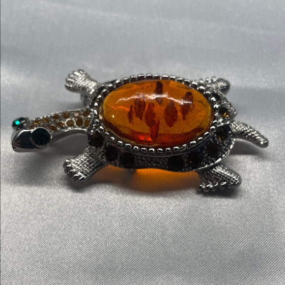 Jewelry - Silver Turtle Brooch with Baltic  Amber, and Green Amber Accents Brooch/Pendant